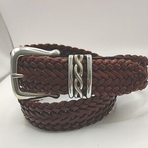 Vintage Brighton Brown Leather Woven Belt Ornate Silver Buckle Size Small 27-29"